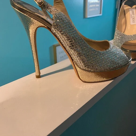 Jimmy Choo Gold Glitter Heels Peep-Toe